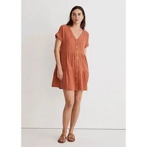 Madewell Lightspun Cuff-Sleeve Button-Front Tiered Mini Dress In Salvaged Barn-S